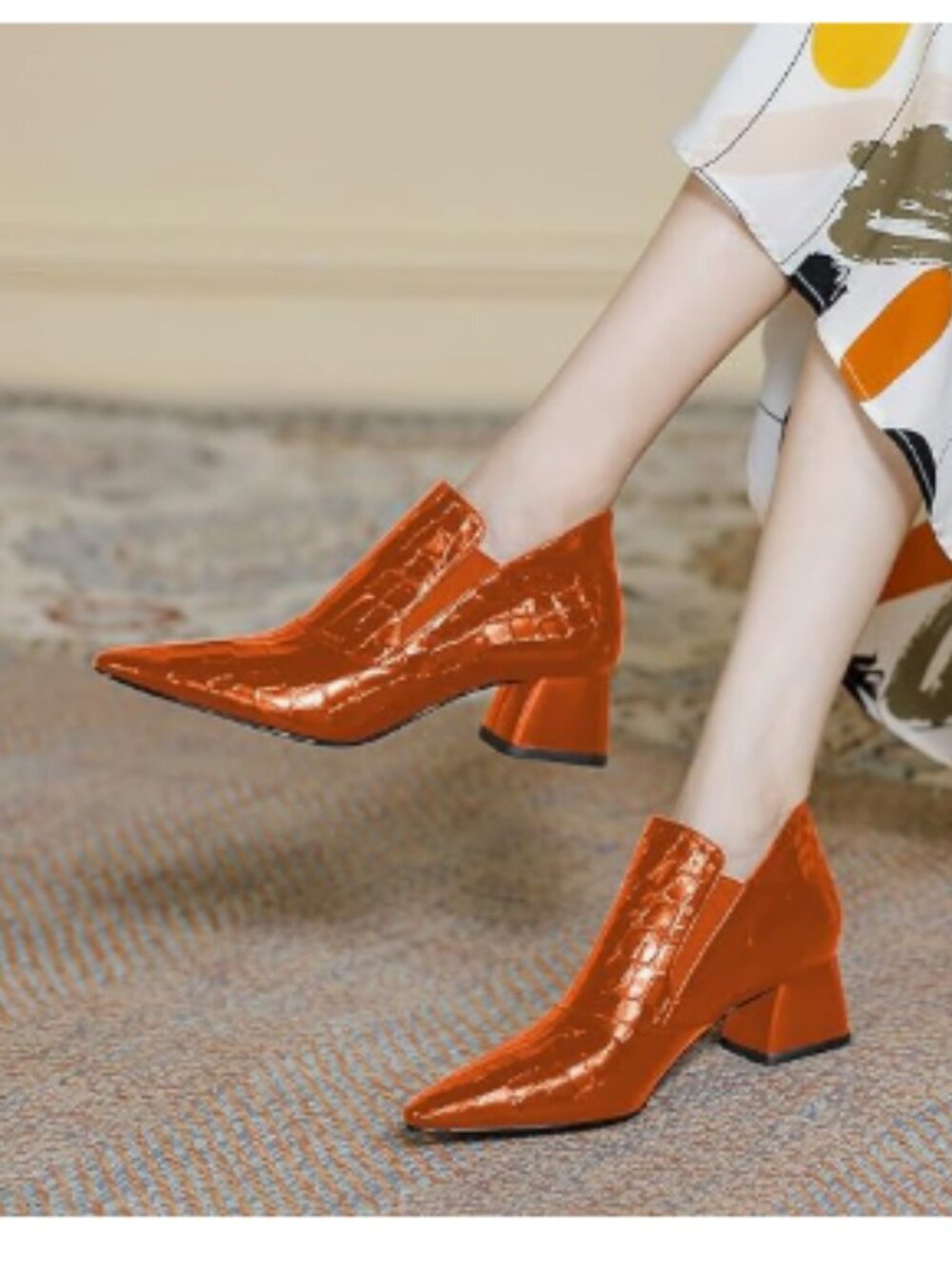 YDN Orange Sexy Pointed Toe Ankle Boots Chunky Low Heel Booties Pull on Shoe